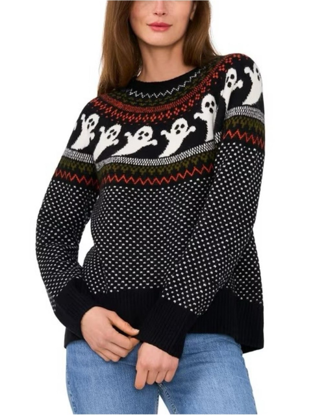 Vince Camuto Women's Black Orange Ghost Fair Isle Halloween Holiday Sweater XL 🎃